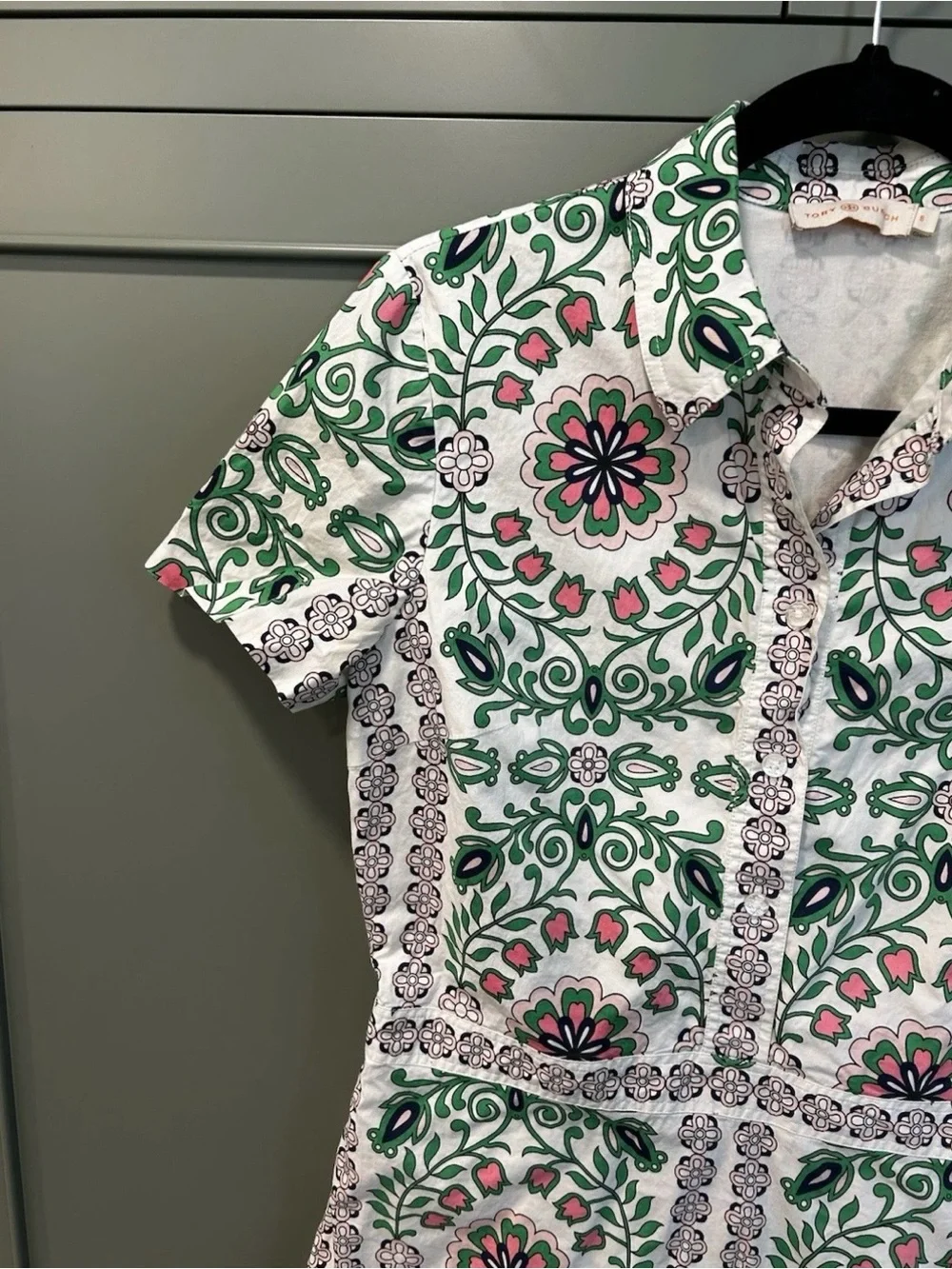 Tory Burch Floral Tile Print Short Sleeve Dress - White & Green